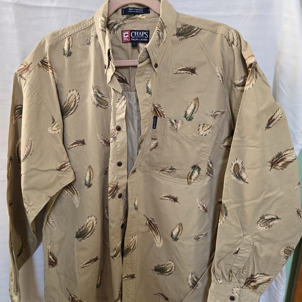 Ralph Lauren Chaps Tan Feather Print Button-Down Shirt